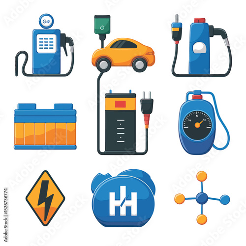 vector icons to vehicle fueling and charging a gasoline pump, an electric vehicle plug hydrogen mole
