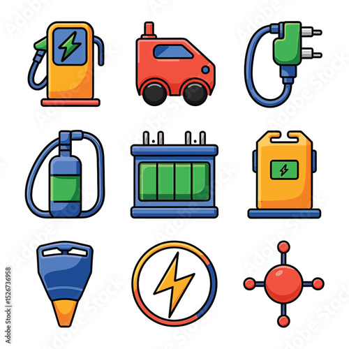 vector icons to vehicle fueling and charging a gasoline pump, an electric vehicle plug hydrogen mole
