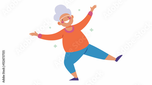 An older person participating in a dance class with a smile on their face. The caption reads Dancing not only provides physical benefits but also stimulates the brain through its. Vector illustration