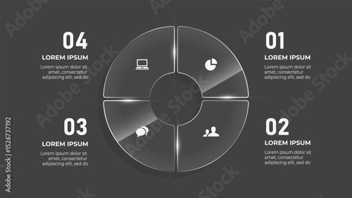 3D Glass Circle Infographic with 4 Steps for Business Timeline, Data Presentation, and Web Design Concept