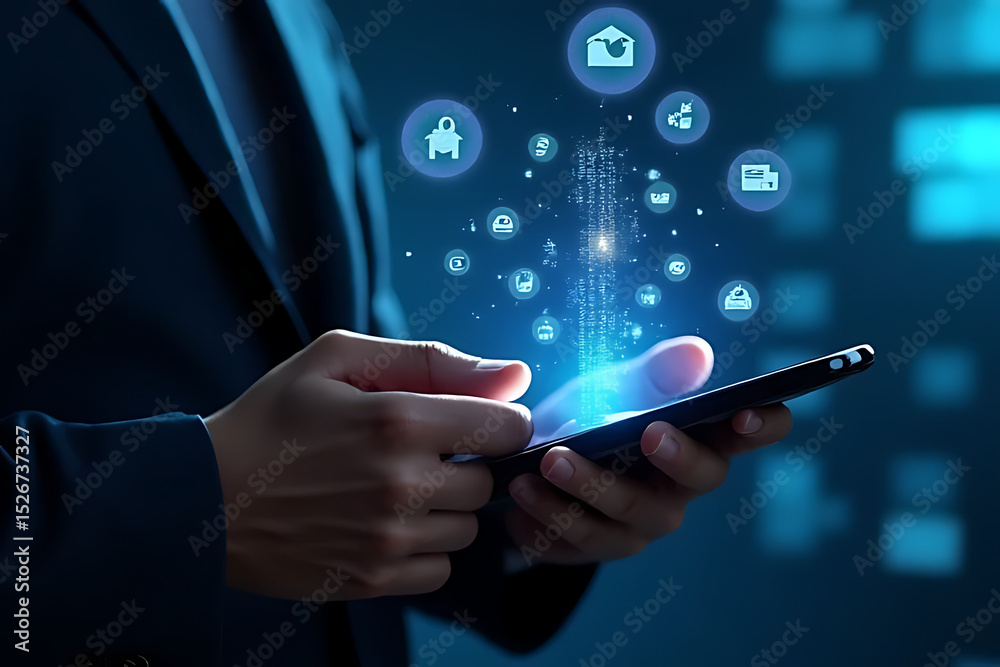 businessman holding tablet pc with social network icons businessman holding tablet pc with social network icons