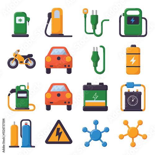 vector icons to vehicle fueling and charging a gasoline pump, an electric vehicle plug hydrogen mole
