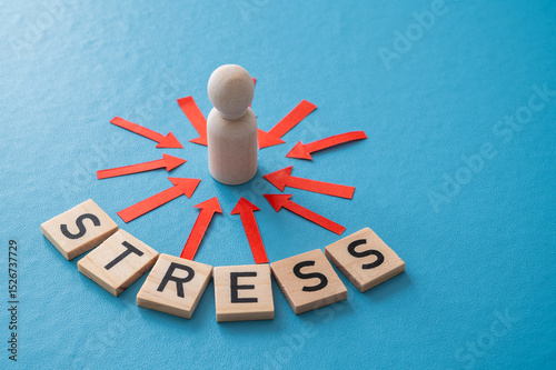 Stress concept and stressed person. Wooden figure with red arrows pointing to it, and the word stress composed with wooden alphabet.