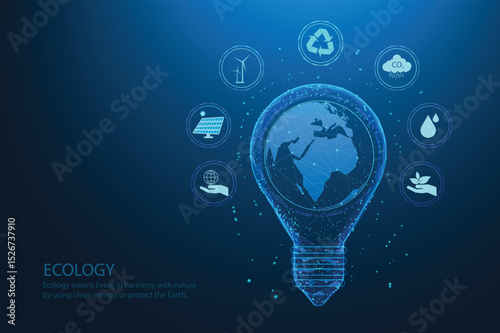 Earth in light bulb. Digital technology for environment. Save the world. Ecology and energy of the world. Renewable energy and sustainable resources with icons. Vector illustration.