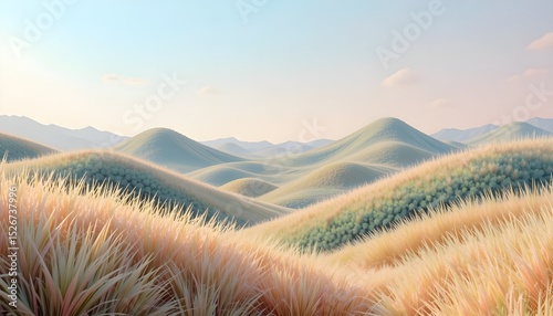 Abstract Background with Pastel Pampas Grass with 3D-Rented Hills