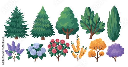 Set of Cartoon Trees and Bushes with Different Shapes and Colors Including Evergreen Deciduous and Flowering Varieties Isolated on a White Background
