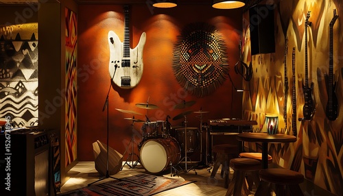 Retro jazz jam corner with ambient shadows tribal decor and soft spotlight focus