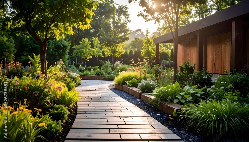 Obraz premium Sunlit Garden Path with Modern Design.