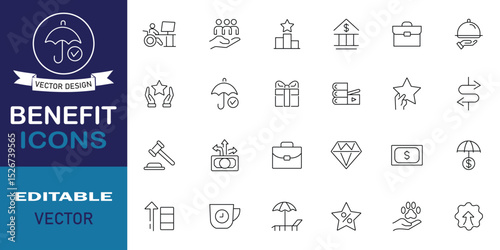 Benefit line icon set. Included icons as reward, teamwork, insurance, paid vacation, pension, pay and more symbol collection. Set of 24 line icons related to benefit. Vector illustration.