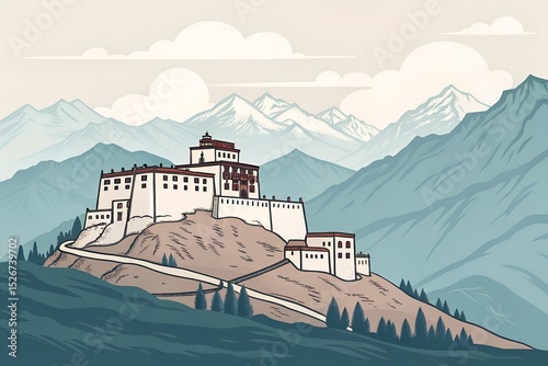 Ladakh monastery on a hill, minimal vector 