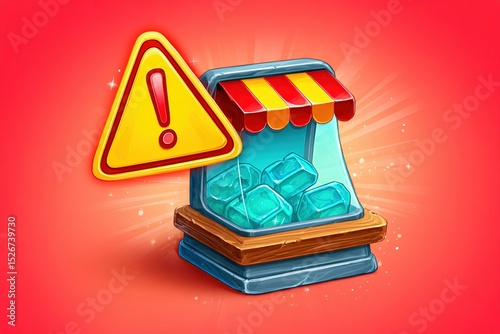 Ice shop sign indicates potential hazard in a colorful and lively market setting with bright background