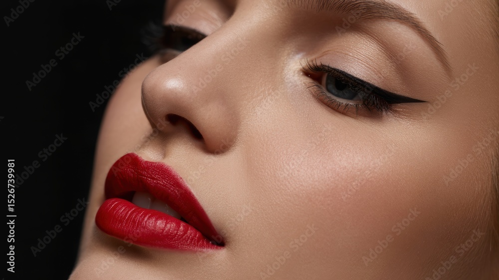 Fototapeta premium Young caucasian female face with red lips and cat eye makeup in close-up
