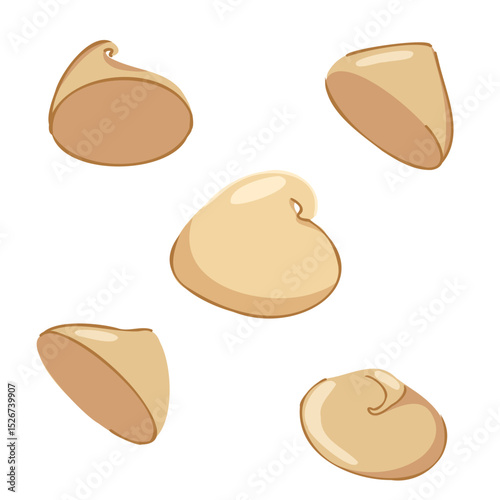 Hand drawn white chocolate chips set. Vector sweet dropping elements with soft glossy look. For packaging, dessert graphics, baking designs, menu decoration, promo visuals