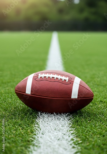 American football on the field's yard line, ready for the game.