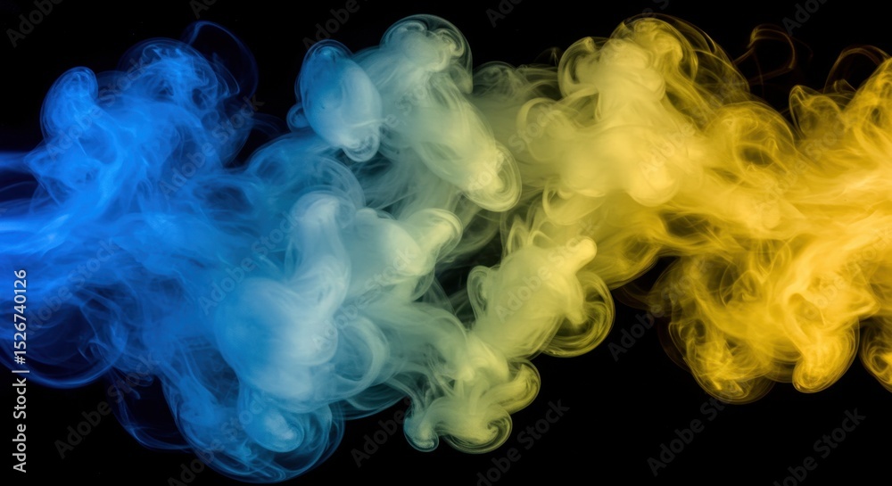 Fototapeta premium Colorful swirling smoke in blue and yellow hues against a black background, creating a dynamic atmosphere