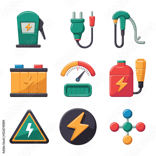 vector icons to vehicle fueling and charging a gasoline pump, an electric vehicle plug hydrogen mole
