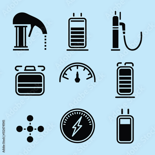vector icons to vehicle fueling and charging a gasoline pump, an electric vehicle plug hydrogen mole
