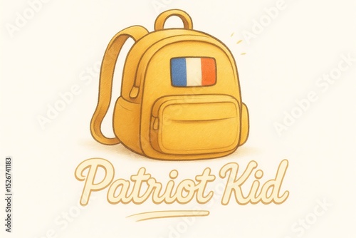 Illustrated yellow school backpack with tricolor badge and Patriot Kid text below on beige paper. Concept of childhood nationalism and school spirit for India's Independence Day