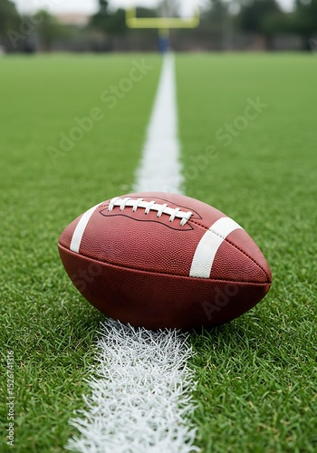 American football on the field's yard line, ready for the game.