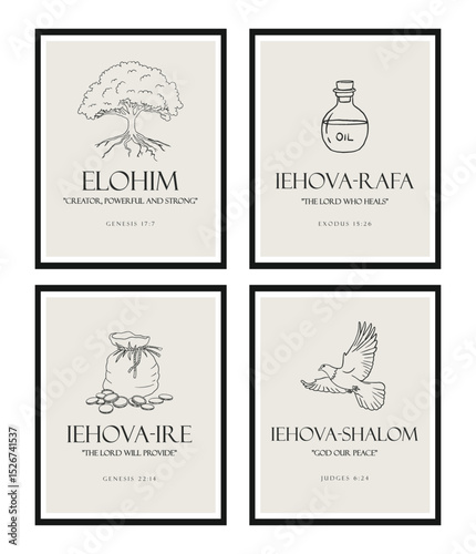  Christian Line Symbols Sketch Poster, Religion Hand Drawn Art, Bible Wall decor, Jesus names