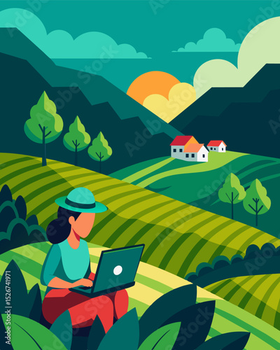 The picturesque tea plantation provides the perfect backdrop for someone working on their laptop.. Vector illustration
