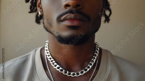 A stylish black man with a silver chain necklace poses for a close-up portrait.
