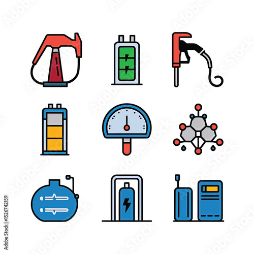 vector icons to vehicle fueling and charging a gasoline pump, an electric vehicle plug hydrogen mole
