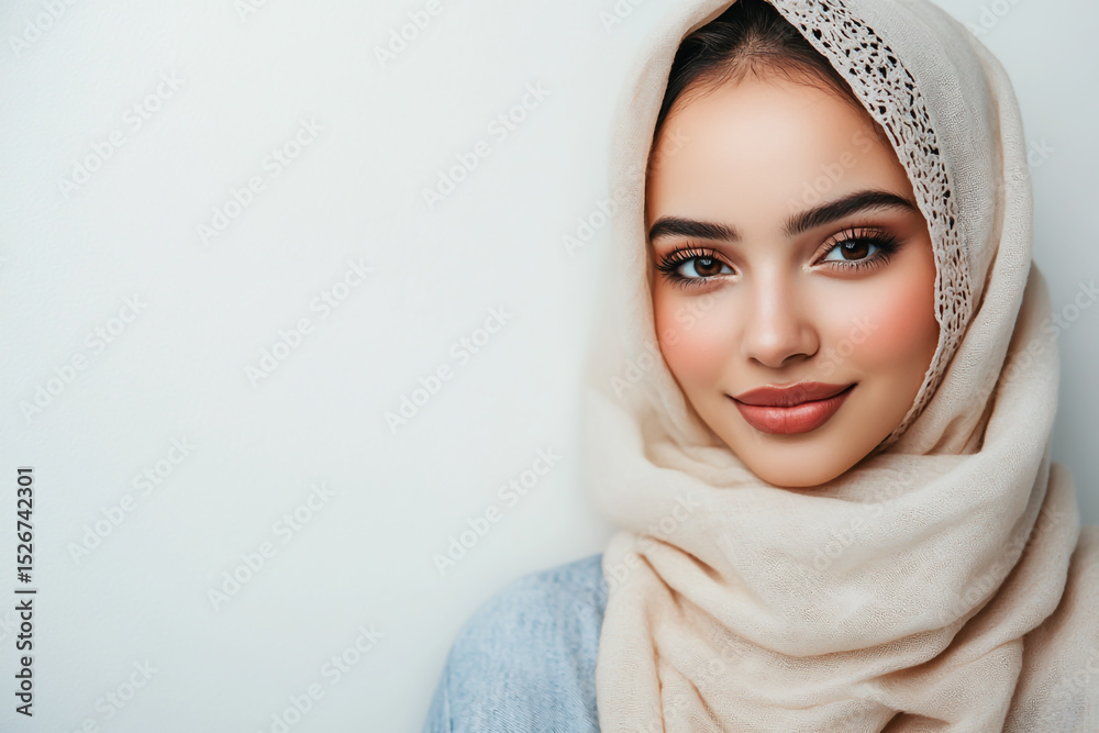 Obraz premium Smiling Young Muslim Woman in Hijab at Office – Professional Portrait on White Background