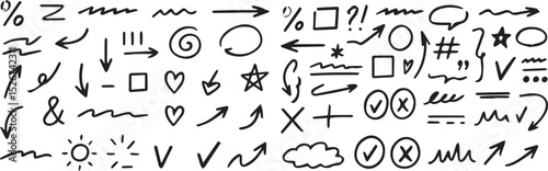 Vector swoosh doodles, hand drawn, arrows, speech bubble, heart, check mark, cross mark, square, circle, exclamation mark, star, curly, bracket, hashtag, geometric shapes, sketch. Black eps file.