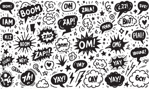Comic boom cartoon effect line element set. Comic speech bubble pow, boom text, explosive splash smoke, wow cartoon vector icon. Hand drawn sketch doodle explosive element. EPS Vector illustration.