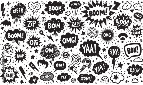 Comic boom cartoon effect line element set. Comic speech bubble pow, boom text, explosive splash smoke, wow cartoon vector icon. Hand drawn sketch doodle explosive element. EPS Vector illustration.