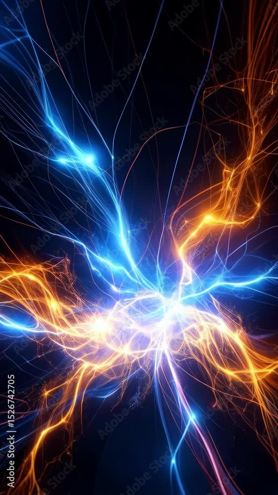 Dynamic abstract energy field radiating with glowing blue and orange plasma light trails on a dark background, creating a sense of motion.