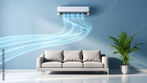 Efficient climate control in a modern living room with air conditioning flow, enhancing the perception of freshness and comfort.