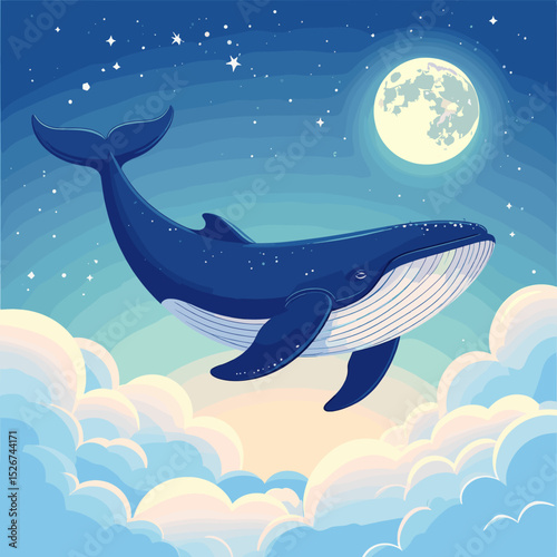 Dreamy flying whale in the night sky with moon and clouds, surreal fantasy vector illustration