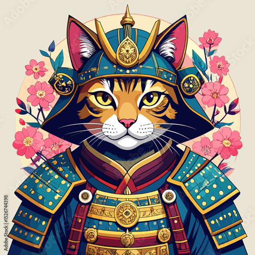Samurai cat in traditional Japanese armor with cherry blossoms, detailed warrior animal vector illustration