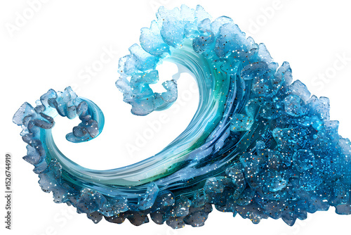 Ocean wave shape composed from swirling blue and turquoise sugar crystals mixed with edible glitter, top-down view, sparkling highlights reflecting from ambient soft light.
