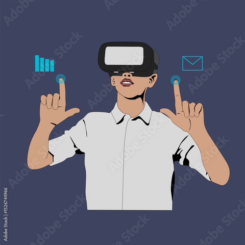 The young man wearing a VR headset and trying a new experience on blue background