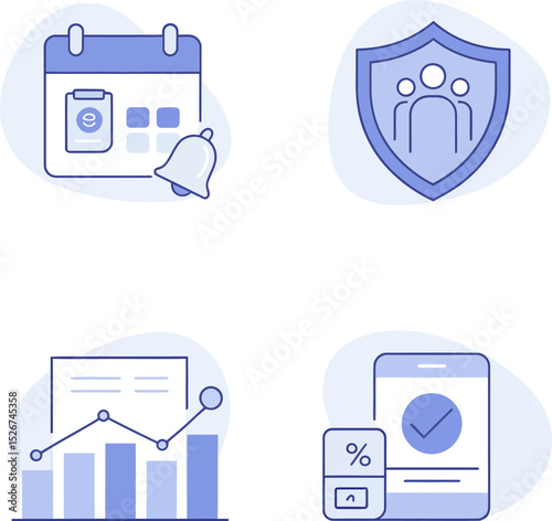Protection planning icons. Security policy, savings shield, finance report and household protection strategy pack  