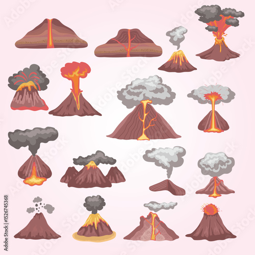 Volcanic Eruption Icon Set etna fantasy cloud earthquake force tectonic flame volcanology molten rock natural disaster dust scene mount inferno krakatoa errupting 