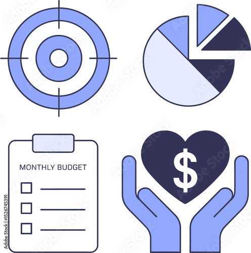 Family saving tracker icons. Pie chart division, goal arrow, percentage data sheet and profit structure analysis  