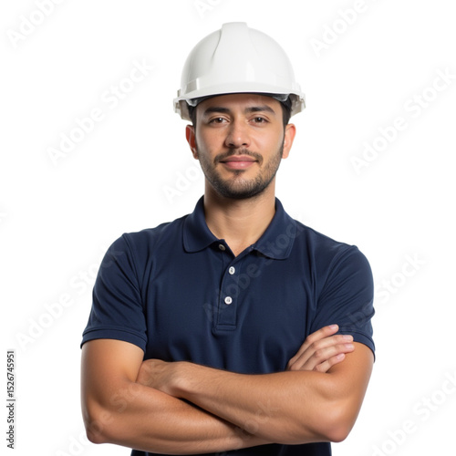 Confident construction worker wearing white hard hat and navy blue polo shirt, standing with arms crossed, exuding professionalism and readiness