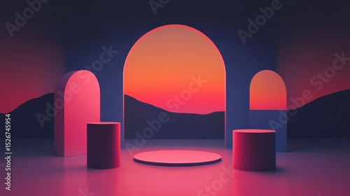 Abstract display podiums with arches and sunset backdrop.