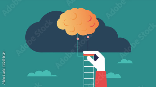 An illustration of a brain with a fog over one section labeled depression being lifted by a hand using a cognitive therapy app. Vector illustration