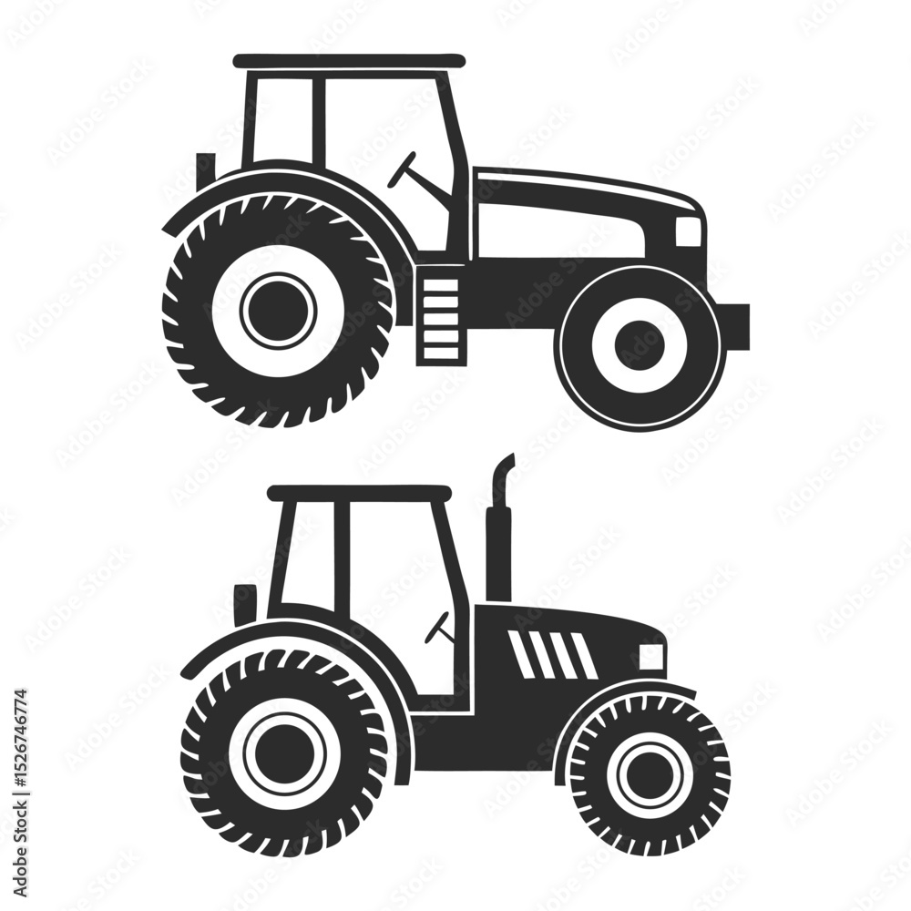 Obraz premium Two black tractor silhouettes farm equipment icons