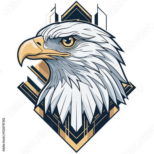 Sophisticated vector illustration of a bald eagle head in profile, framed by geometric gold and black art deco design. Detailed plumage, golden beak, and intense eye convey strength and luxury, ideal 