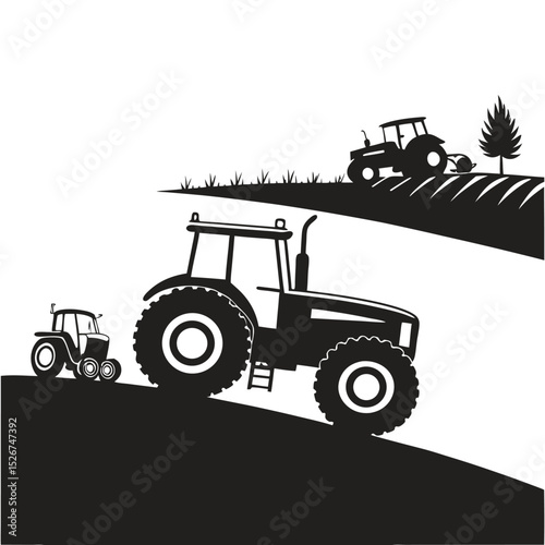 Farm tractors working fields rural landscape