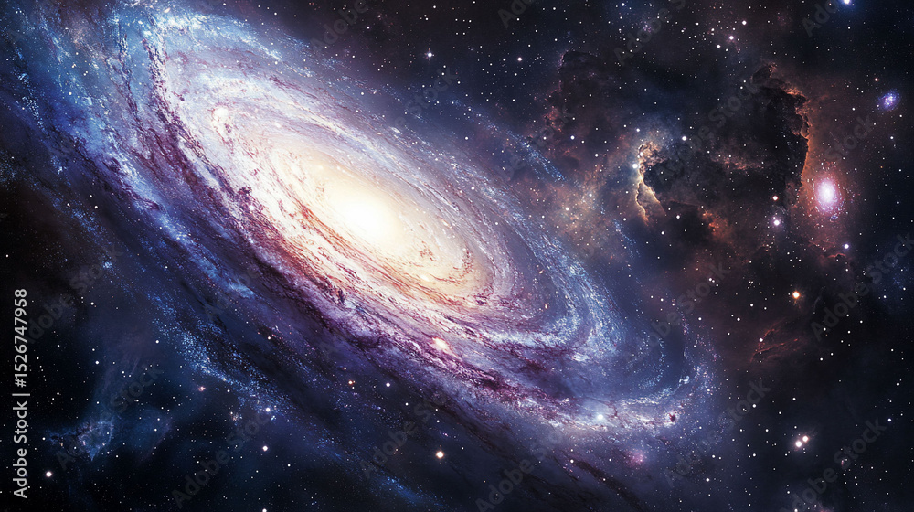 Fototapeta premium Spiral Galaxy Cosmic Vista: Celestial Swirls of Blues Purples and Golds