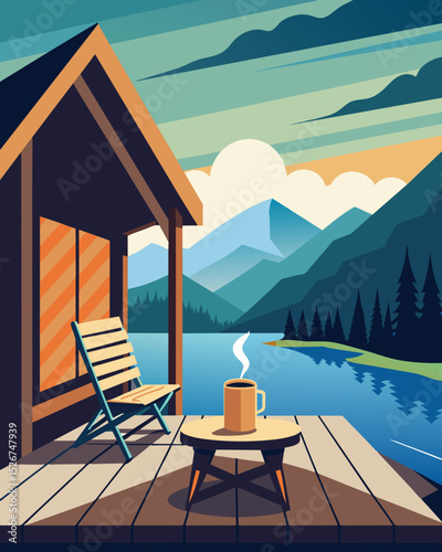 Imagine starting your workday on the porch of a quaint fishing cabin sipping coffee with a picturesque lake view and taking in the tranquil ambience around you.. Vector illustration