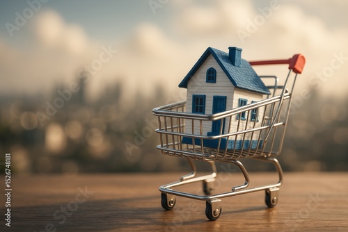 Dream Home Purchase: Miniature House in Shopping Cart on Wood Surface, Cityscape Bokeh Background, Real Estate Investment Concept