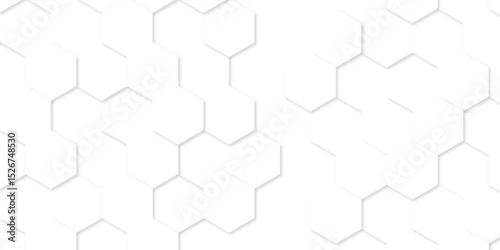 Minimal white hexagonal hexagon modern technology creative emboss light honeycomb polygonal web. abstract geometric science and mosaic tile with template texture background.	